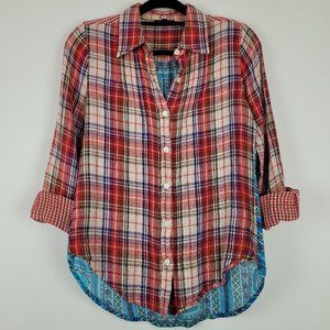 Anthro Tolani Red Plaid Blue Mixed Media Print Top